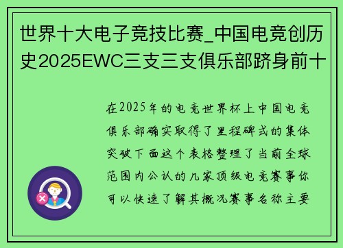 世界十大电子竞技比赛_中国电竞创历史2025EWC三支三支俱乐部跻身前十